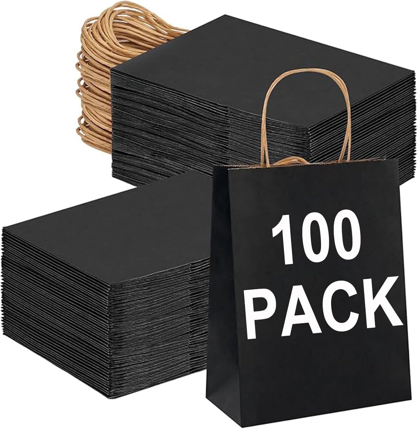 BAG BOX 100 Pack Medium 8.25x4.3x10.6 Inch Black Kraft Paper Gift Bags with Handles for Bulk Shopping, Retail, Craft, Party Favors, Wedding, Grocery & Sacks