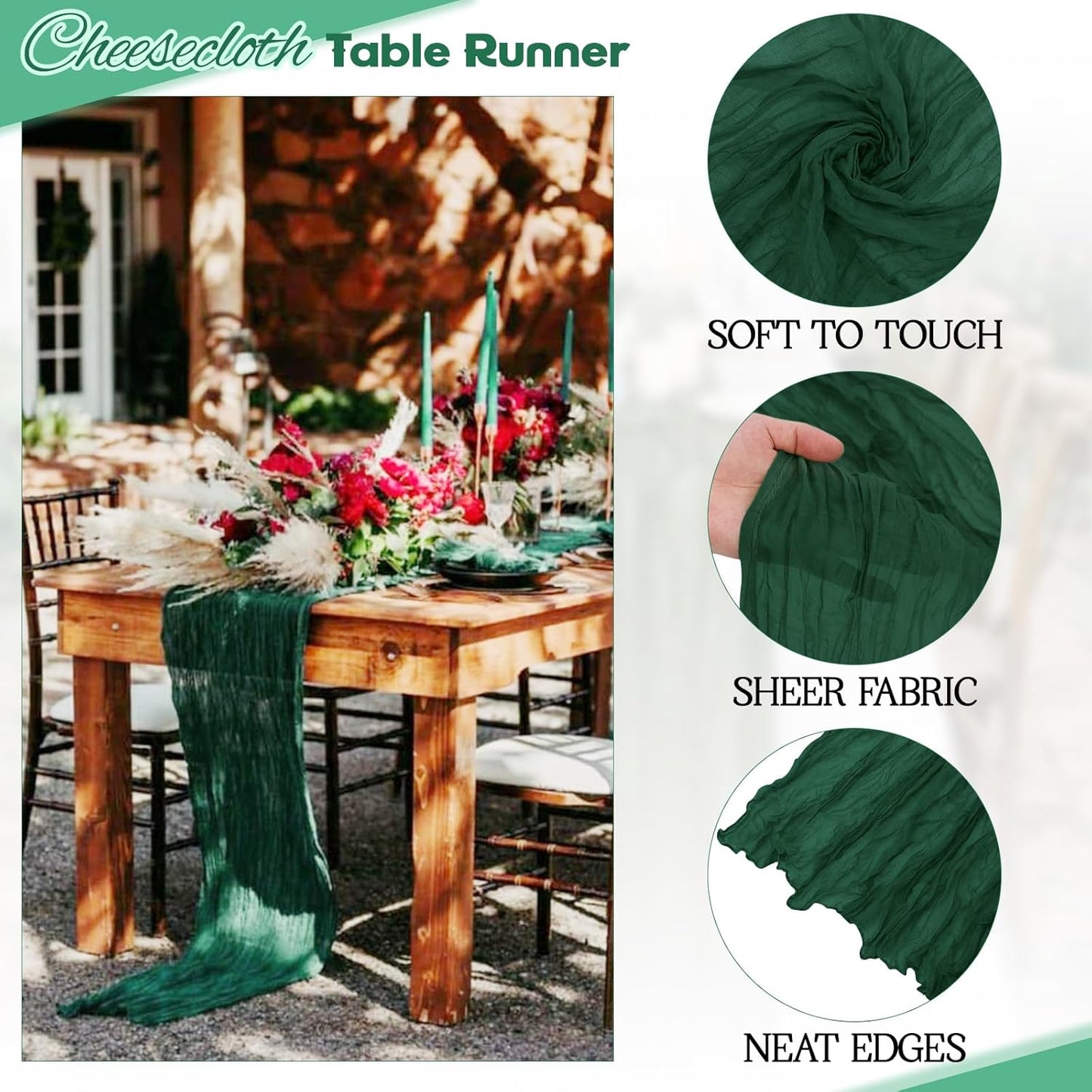 Aktor 4 Pack Emerald Green Table Runner Boho Cheesecloth Table Runner Semi Sheer Gauze Fabric Runners for Wedding Birthday Baby Shower Party Boho Table Decoration（Emerald Green）