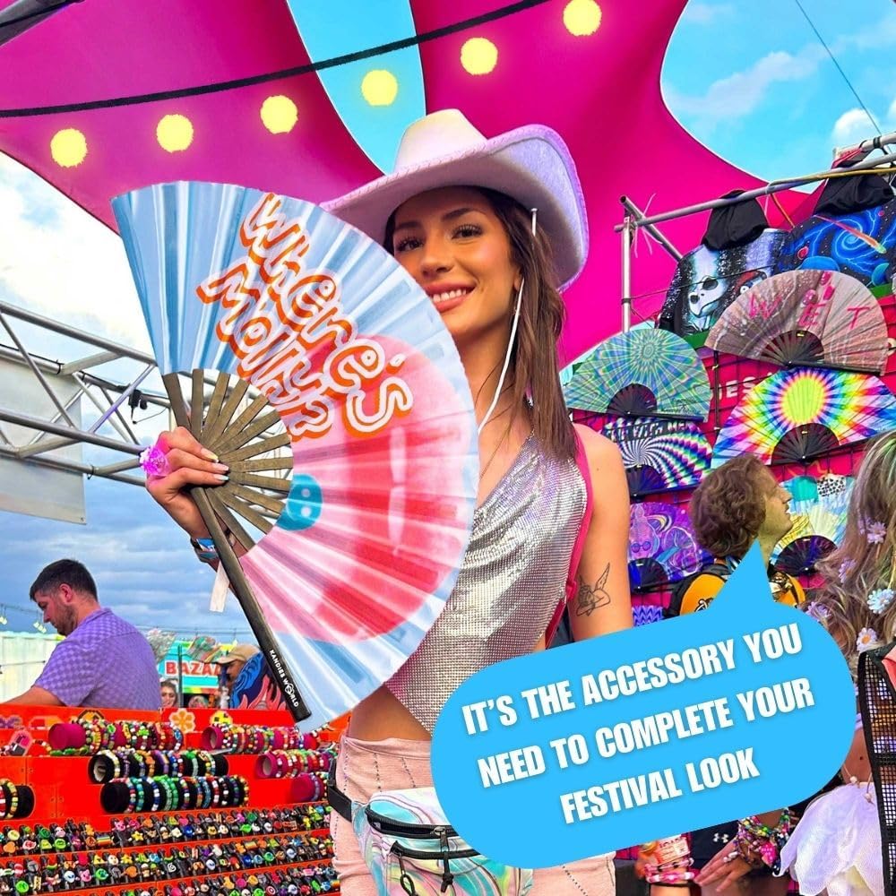 Kandies World UV Reactive Custom Festival Folding Hand Fan - Unique Designs, Made of Bamboo, Clacking Sound, Lightweight - Perfect Rave and Festival Accessory!