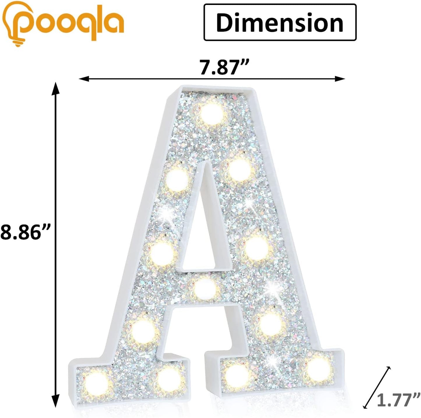 Pooqla Light Up Letters, LED Marquee Letters for Silver Birthday Decorations, Battery Powered Night Light Teenager Girl Room Decor, Gift for Girls Boys Wedding Bedroom Christmas Party Decor, Letter A