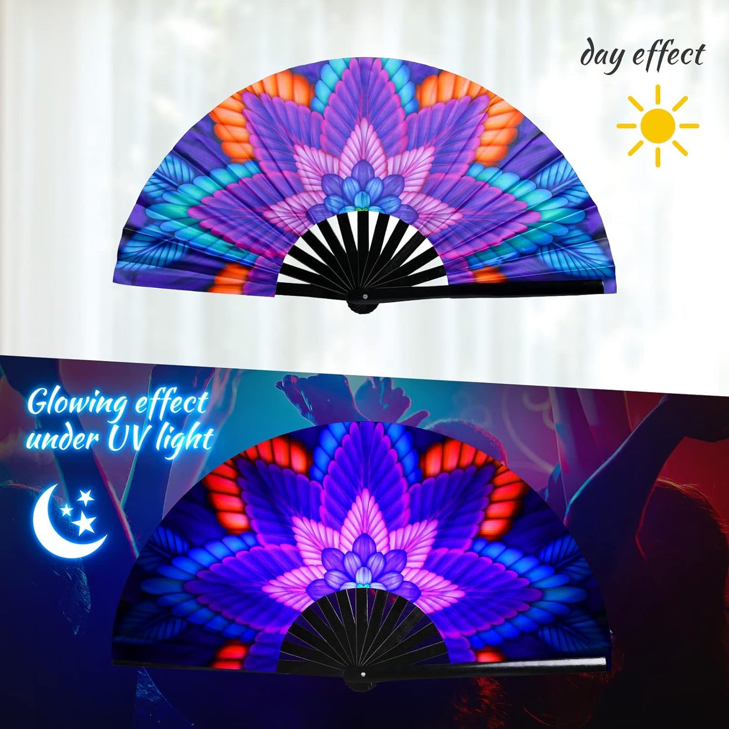 SYNTECSO Folding Hand Fan for Rave, UV Glow Fan, Large Bamboo Fan for Drag Queen, Women and Men Gift，Chinese Japanese Clack Fan for Parties, Music Festivals, EDM and Decoration