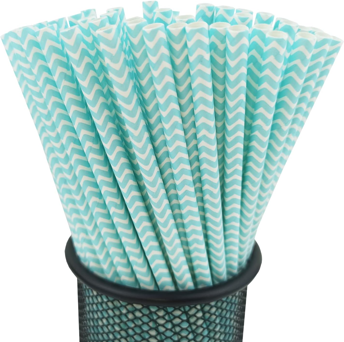 YAOSHENG Premium Disposable Waves Striped Drinking Paper Straws, Pack 100 Light Blue Waves Paper Straws for Cocktail Party Supplies,Birthday,Bridal/Baby Shower,Juice,Shakes (Light Blue Waves)