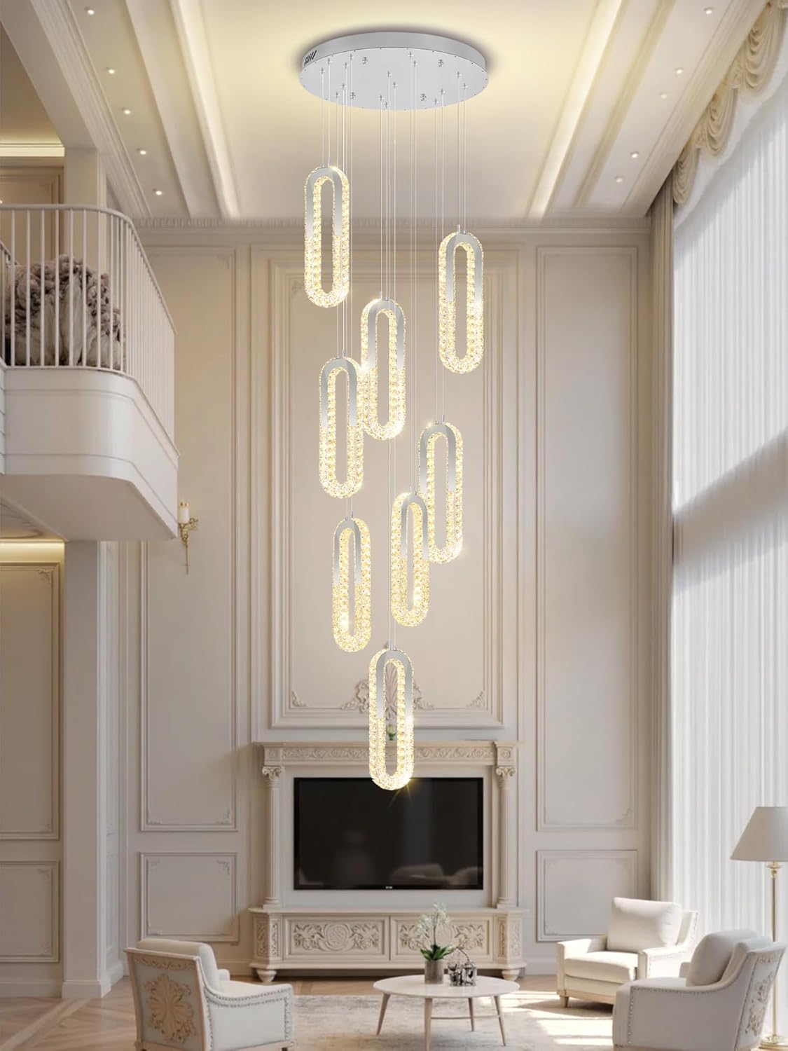 8 Rings Crystal Chandelier,H 118" Modern Silver Pendant Light Luxury Foyer Lighting Fixture High Ceiling Chandelier for Entryway,Staircase,Living Room,Villa LED Dimmable 2700K-6000K