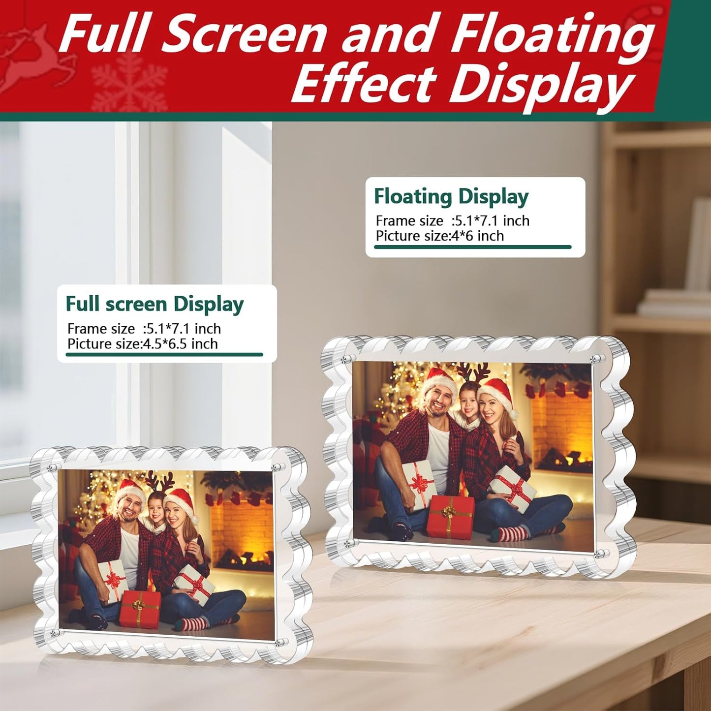3 Pack Acrylic Picture Frame - 4x6 Magnetic Picture Frames, Double Sided Magnet Frames,10+10mm Thick Block, Clear Frameless Photo Scalloped Freestanding for Desktop Display