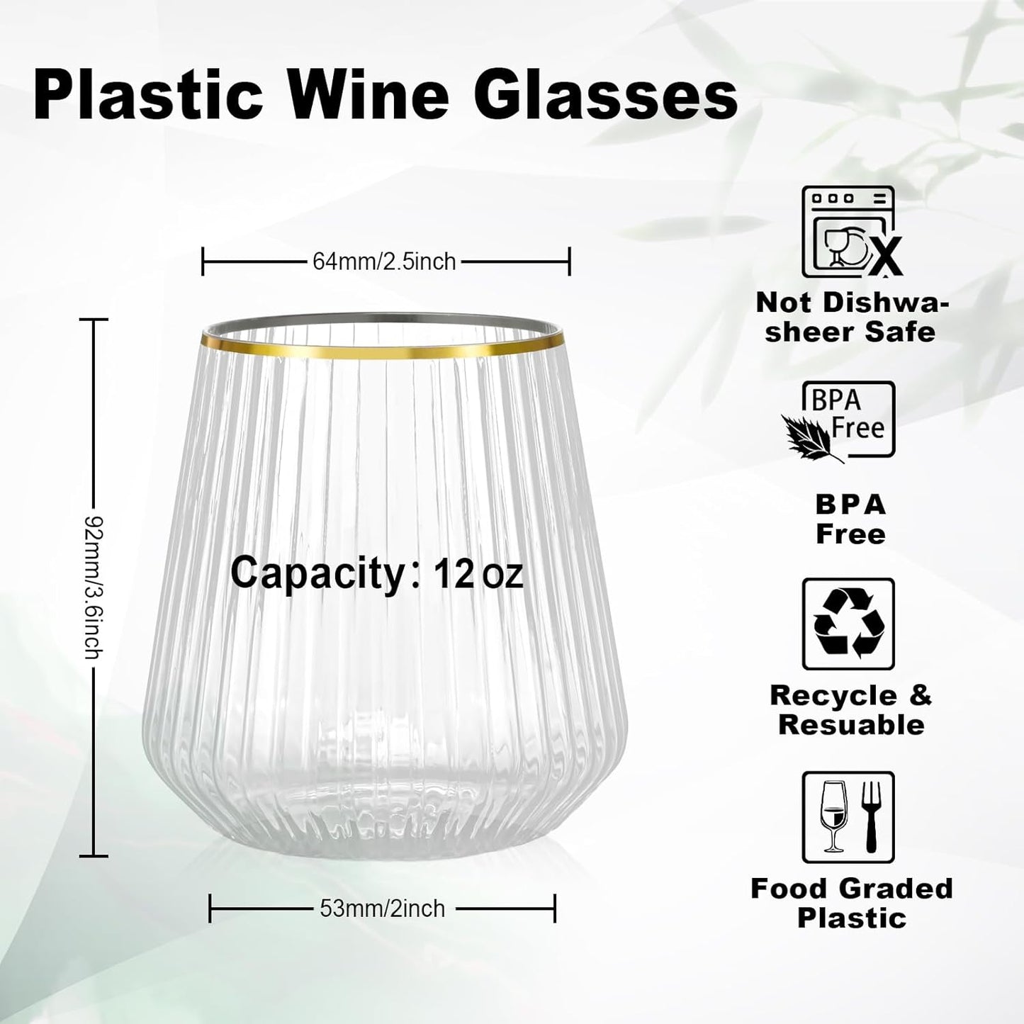 36 Pcs 12 oz Plastic Gold Rim Ribbed Wine Glasses, Reusable Champagne Glasses Elegant Whiskey Glasses Ideal for Weddings, Bars, Christmas, Halloween,Holidays,pool party,Daily Use