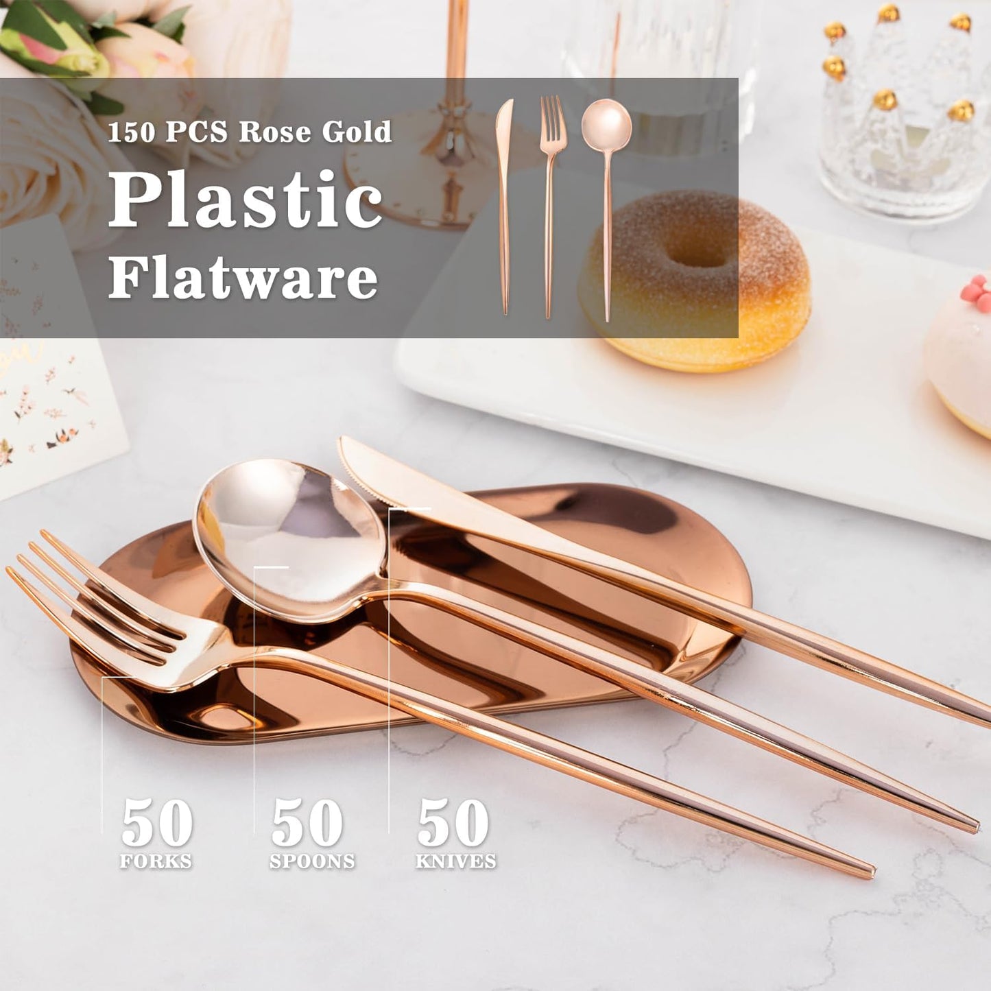 150PCS Rose Gold Plastic Silverware,Heavy Duty Disposable Utensils Include 50 Forks,50 Spoons and 50 Knives,Pink Cutlery Plastic Silverware Sets for Party, Birthday,Wedding