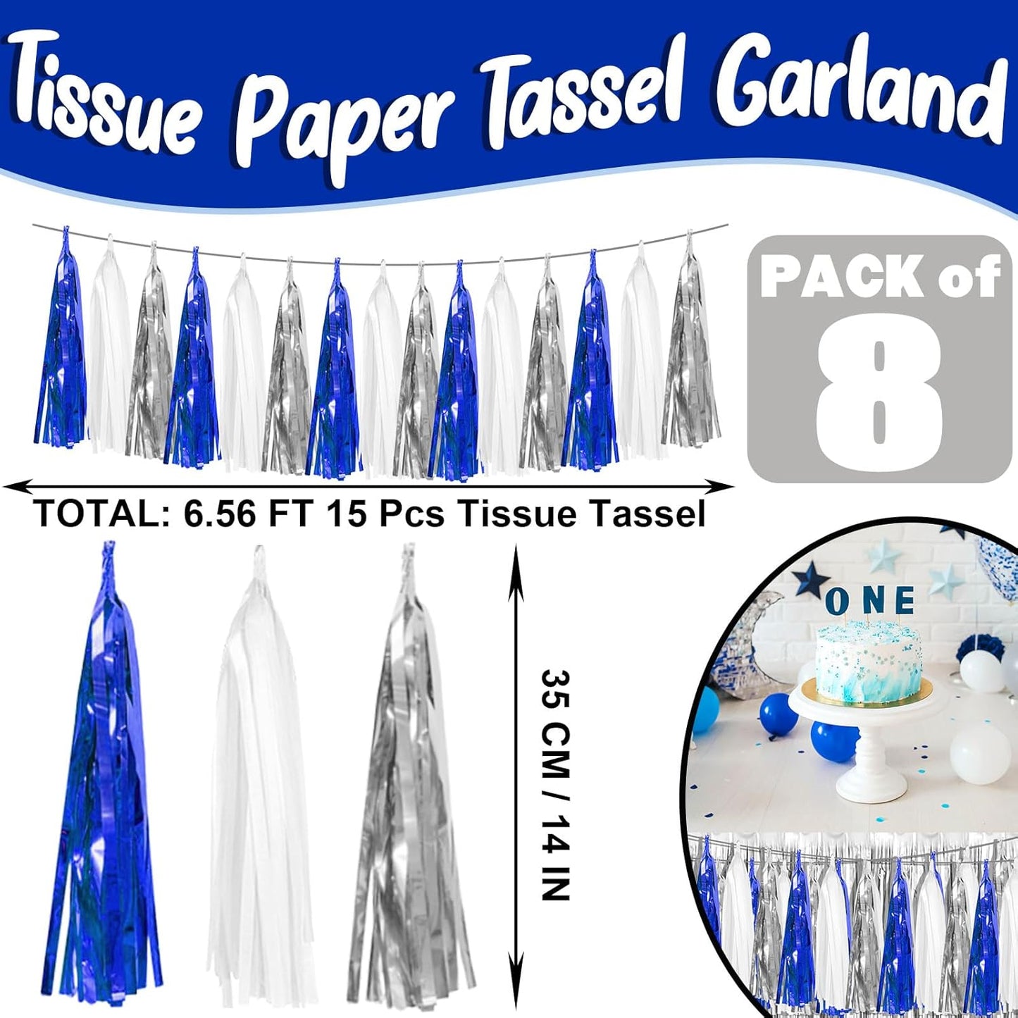 8P Navy-Blue White-Silver Tassel Garland Banner, Tassels Banner Streamers for Parade Floats, Bachelorette, Wedding, Birthday, Halloween, Christmas, Bridal/Baby Shower Gratulations Party Decorations