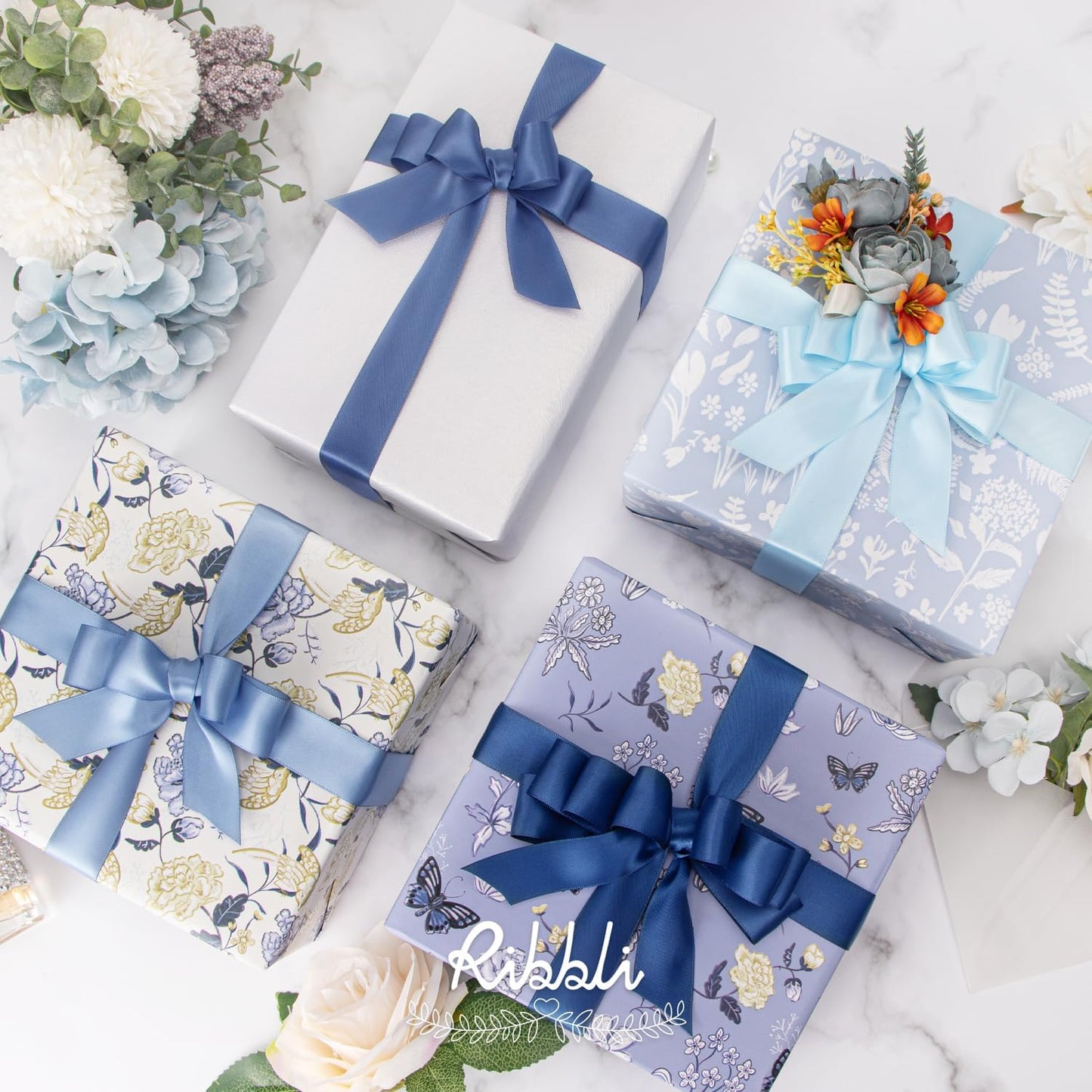 Ribbli Dusty Blue Satin Ribbon 1 Inch x 4 Rolls Total 40 Yards- Light Blue/Dusty Blue/Smoke Blue/Light Navy Ribbon for Gift Wrapping Craft Wedding Decoration