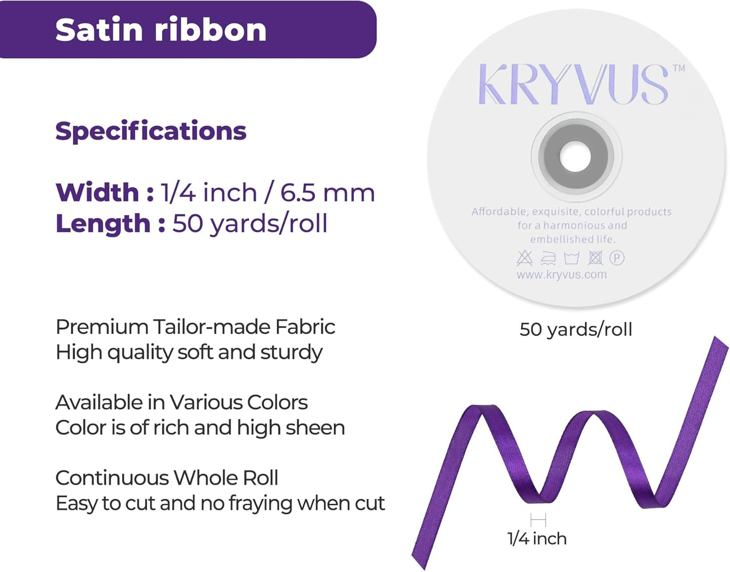 Purple Satin Ribbon 1/4 inch X Continuous 50 Yards, Single Face Polyester Ribbon Perfect for Gift Wrapping, Flower Bouquet, Wedding Decor, Crafts, Bow Making, Sewing and More