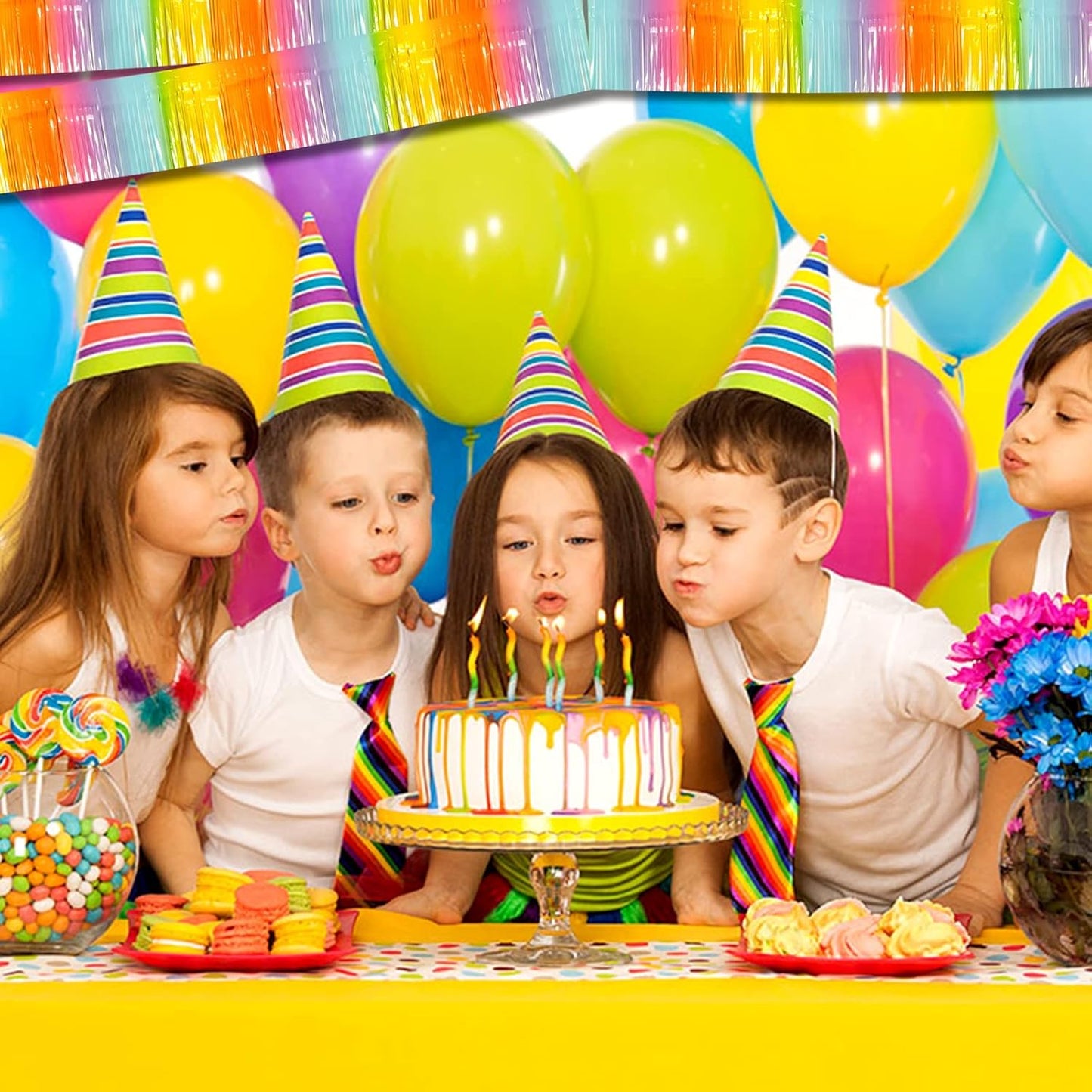 6 Pack 10 Feet Foil Fringe Garland Metallic Tinsel Streamers Banner Wall Hanging Backdrop Banner for Parade Floats, Thanksgiving, Christmas, Birthday, Halloween Party Decorations(Light Rainbow)