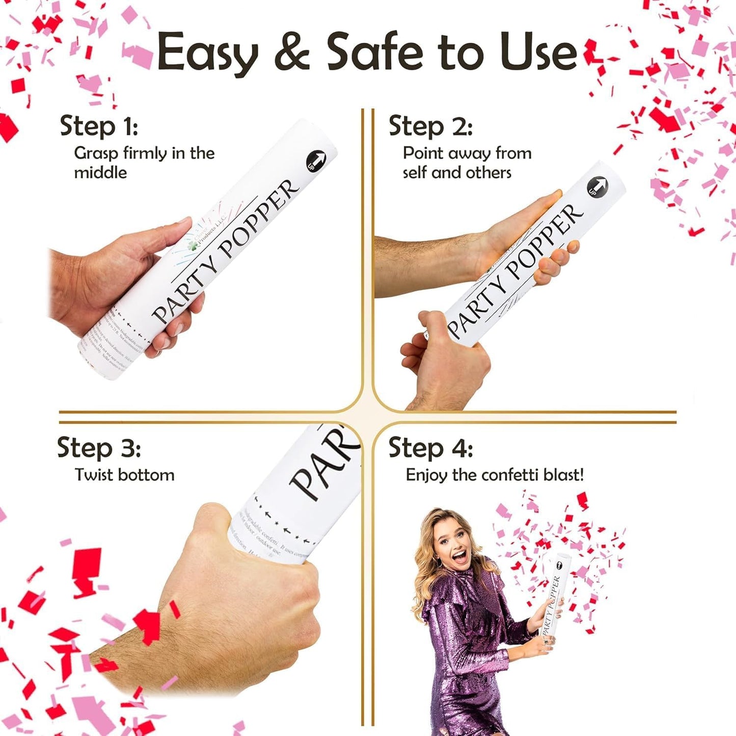 Clover Products 12" Biodegradable Confetti Cannons | 6 Pack | Red & Pink Poppers for Weddings, Birthdays & Events | Air-Powered, Safe & Easy to Use | Shoots 25 Feet for Indoor & Outdoor Celebrations