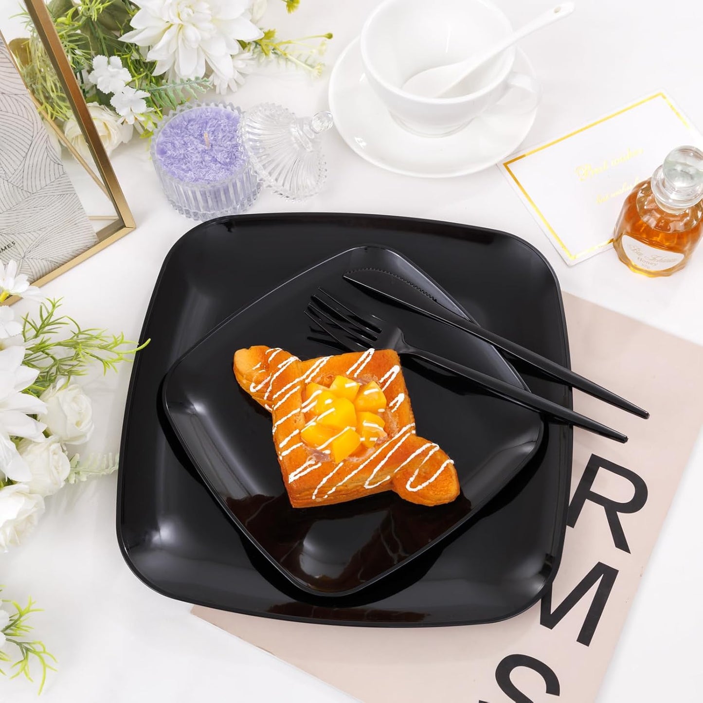 PULOTE 60PCS Black Square Plastic Plates Disposable - Include 30 Dinner and 30 Dessert Plates,Ideal for Party&Halloween