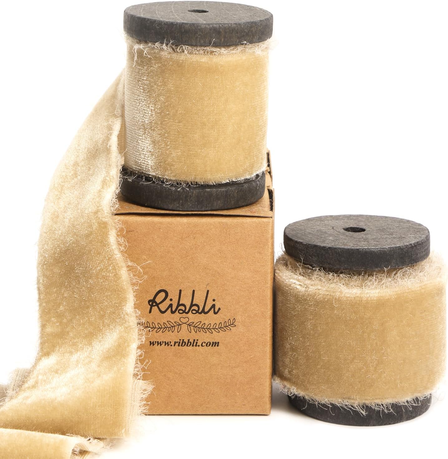 Ribbli Light Champagne Velvet Ribbon 1.5 Inch Handmade Frayed Christmas Ribbon for Gift Wrapping Christmas Tree Ornament Wreath Craft Home Decor -Total 3 Yards with Wooden Spool