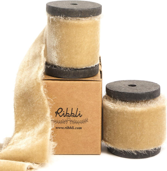 Ribbli Light Champagne Velvet Ribbon 1.5 Inch Handmade Frayed Christmas Ribbon for Gift Wrapping Christmas Tree Ornament Wreath Craft Home Decor -Total 3 Yards with Wooden Spool