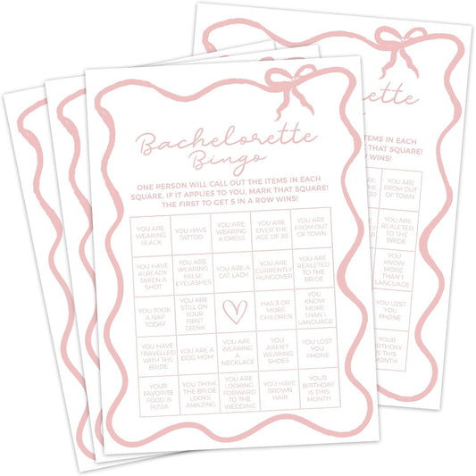 DEEKA 30 PCS Bridal Shower Games Card for 30 Guests White Pink Wavy Border Ribbon Bow Funny Wedding Bachelorette Party Games for Reception (Bachelorette Bingo)