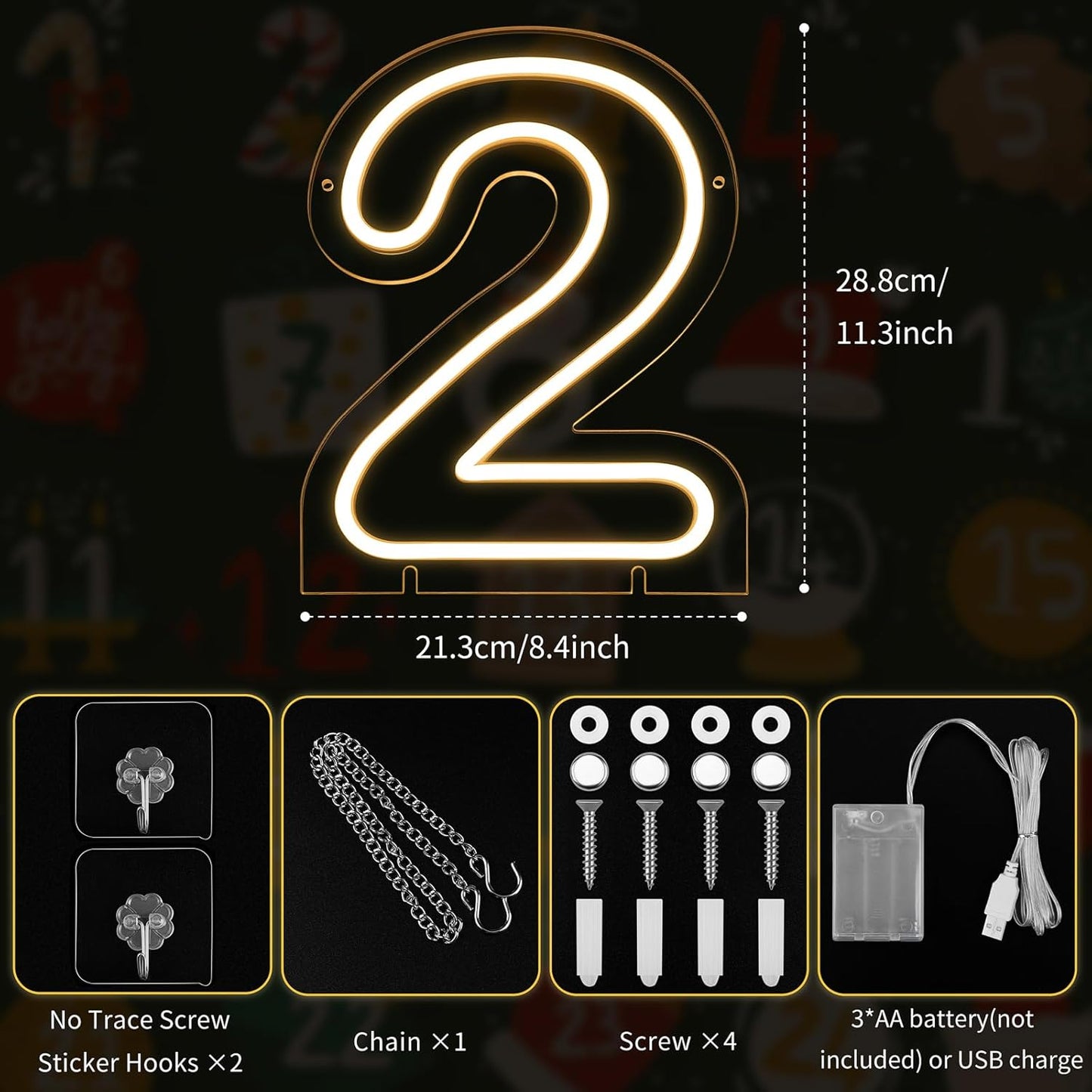 Number 2 LED Neon Sign Backdrop Birthday Party Decoration, 11.3" Height Warm White Marquee Number Two Light Up Sign for Wedding Anniversary Window Wall Table, Indoor Battery Operated or USB