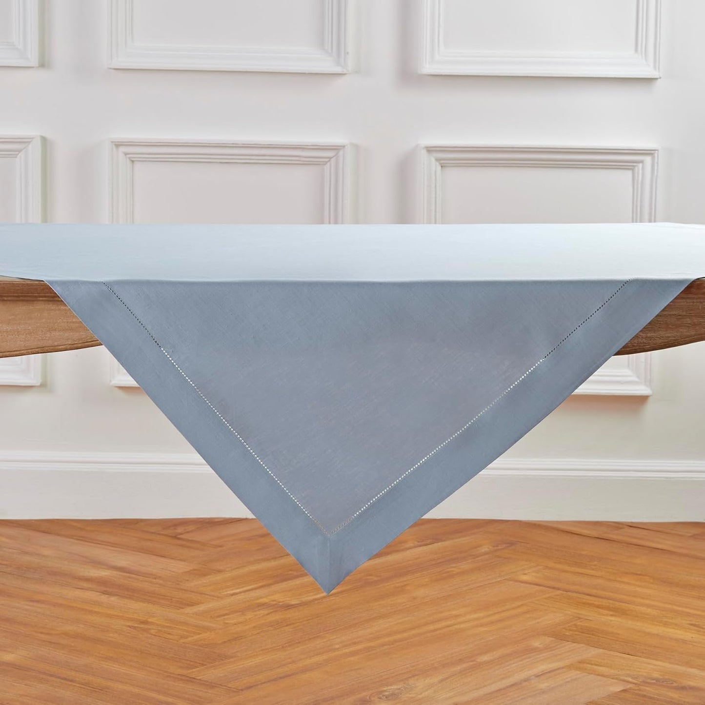 Solino Home Linen Tablecloth 52 x 52 Inch - 100% Pure Linen Dusty Blue Square Tablecloth - Classic Hemstitch, Machine Washable Table Throw for Fall, Autumn, Thanksgiving