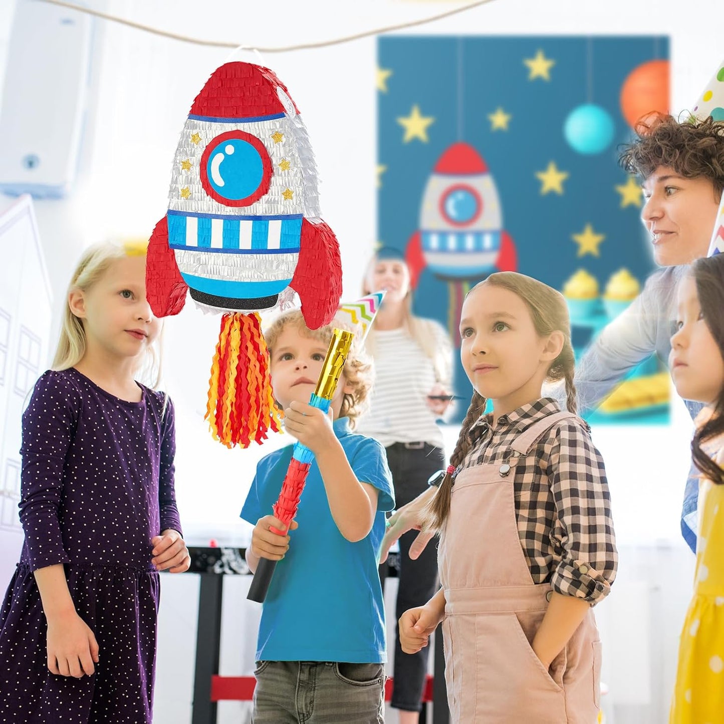 WERNNSAI Rocket Piñata - Rocket Ship Pinata Bundle with Blindfold and Bat Space Birthday Party Decoration for Boys Kids Family Games Piñata Space Ship Theme Party Supplies