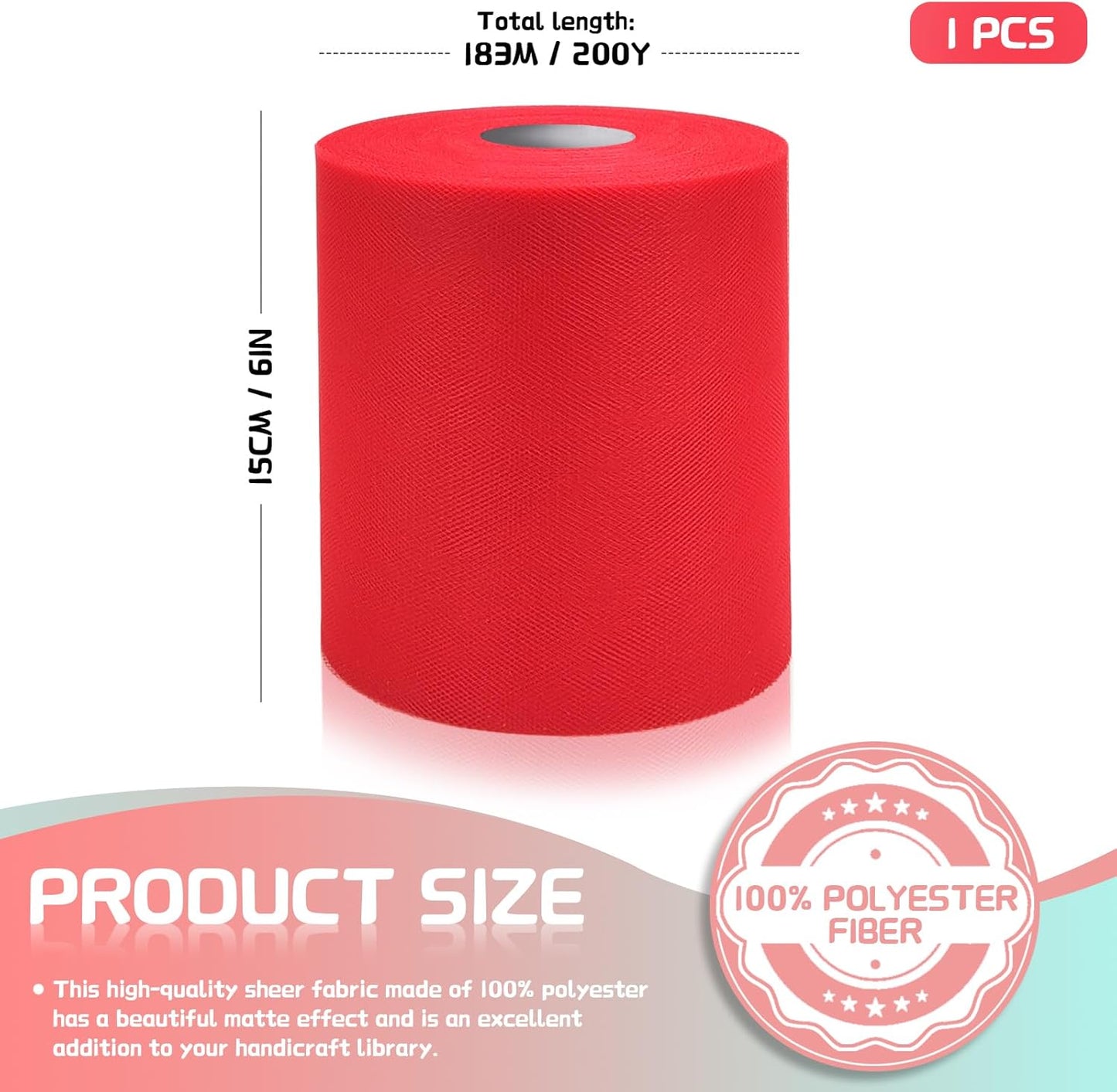 6" x 200 Yards Red Tulle Fabric Rolls, Red Spool Tulle Ribbon for DIY Tutu Skirt Wedding Decoration Baby Shower Birthday Party Backdrop Gift Wrapping Bow Craft Supplies