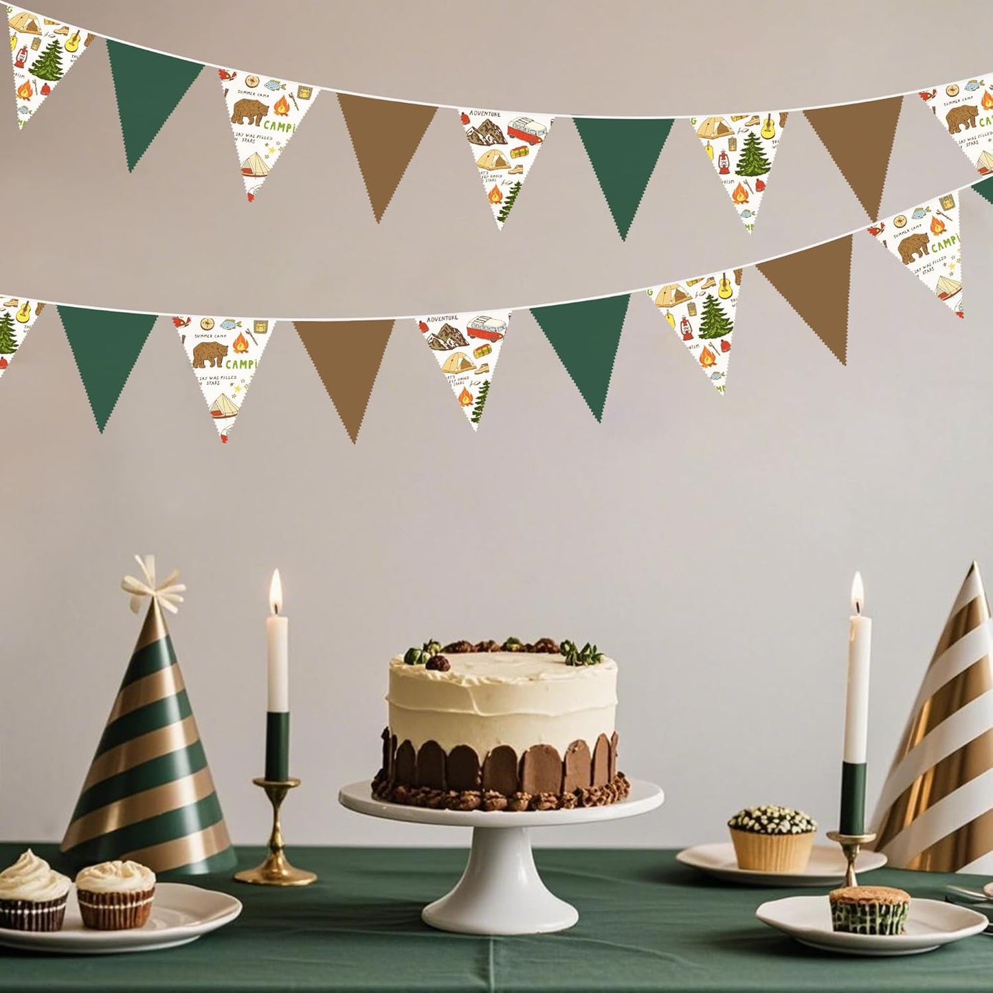 32Ft Camping Party Decorations Green Brown Camper Triangle Flag Fabric Banner Pennant Garland Streamers for Camping Birthday Glamping Baby Shower Campfire Adventure Woodland Travel Party Decor