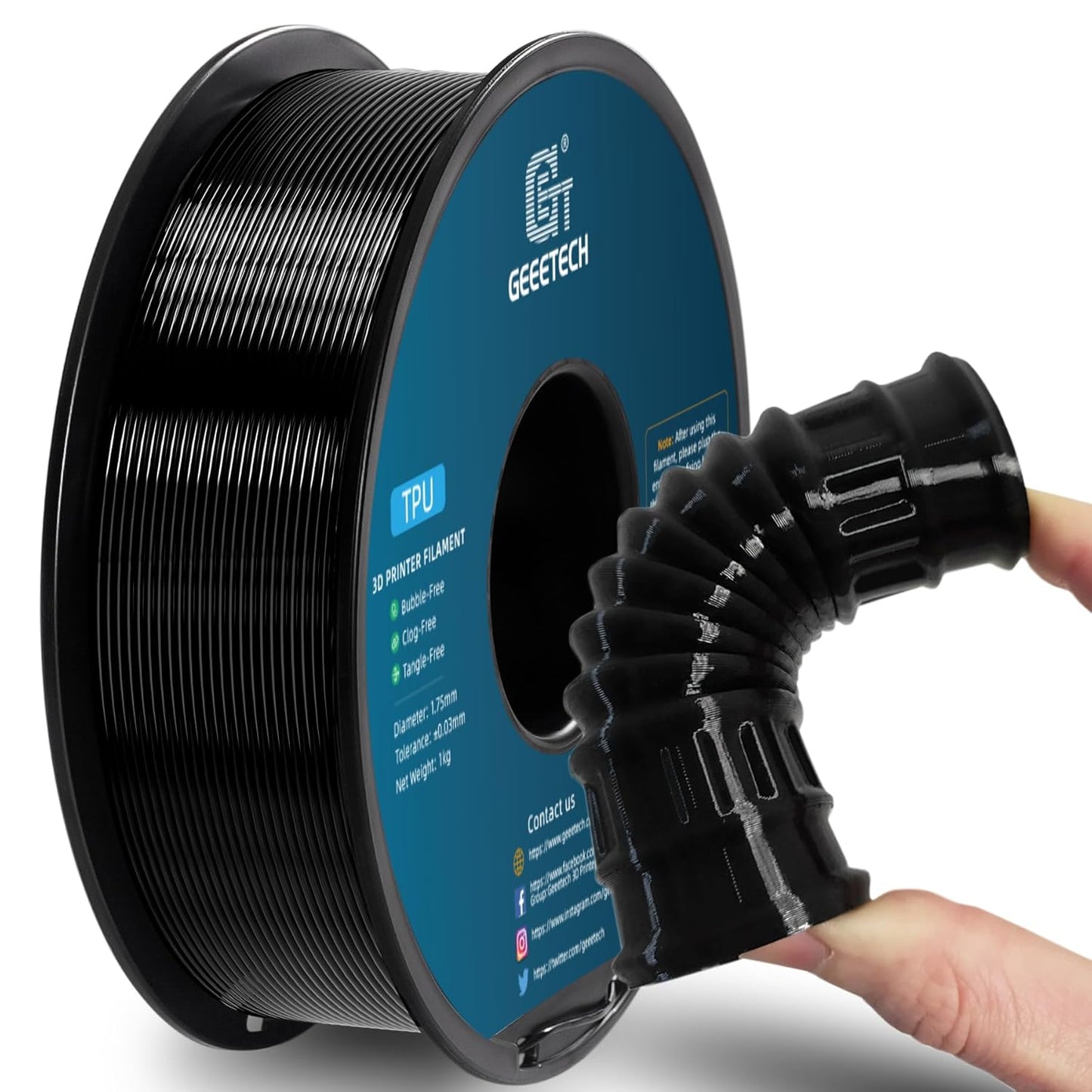 Geeetech TPU Filament 1.75mm, Shore 95A – Flexible 3D Printer Filament with High Elasticity, 1KG (2.2lbs) Spool, Dimensional Accuracy ±0.03mm, Fits Most FDM Printers (Black)