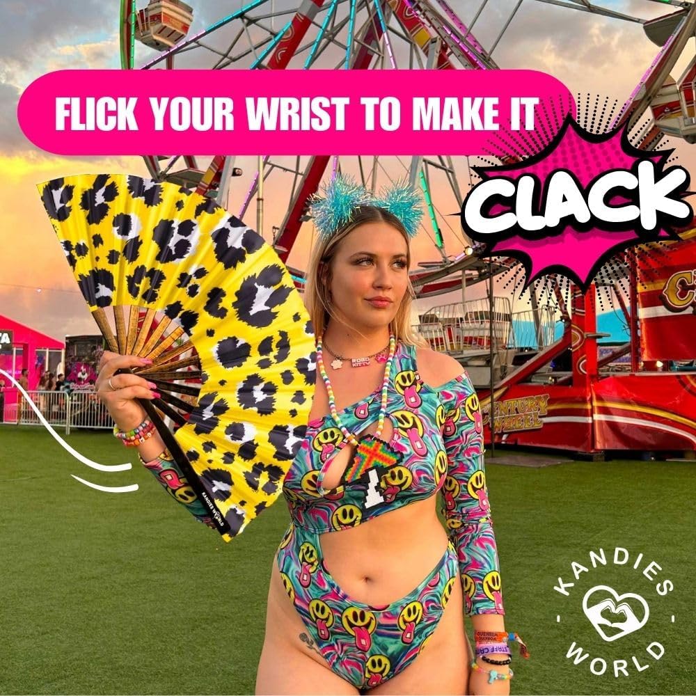 Kandies World UV Reactive Custom Festival Folding Hand Fan - Unique Designs, Made of Bamboo, Clacking Sound, Lightweight - Perfect Rave and Festival Accessory!