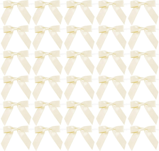 AIMUDI Ivory Bows 2.5" Pretied Satin Ribbon Bows Premade Twist Tie Bow for Treat Bags Cake Pop Bow for Wedding Favors Mini Bows for Gift Wrapping Baby Shower Decorations - 50 Counts