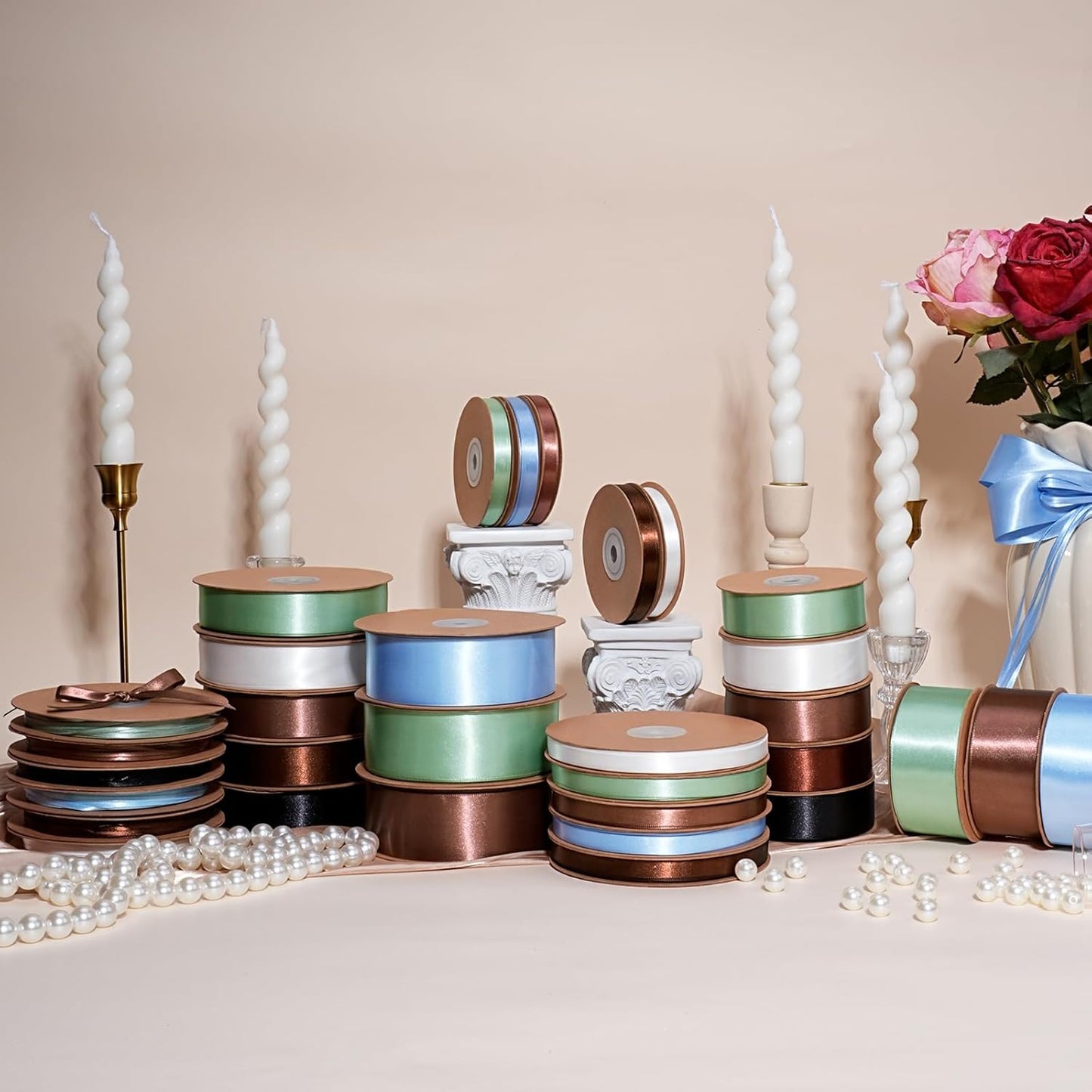 LaRibbons Brown Ribbon 1 1/2 Inch 25 Yards Luxury Double Faced Mocha Mousse Silk Ribbon for Flower Bouquet Crafts Gift Wrapping Wedding Party Decoration