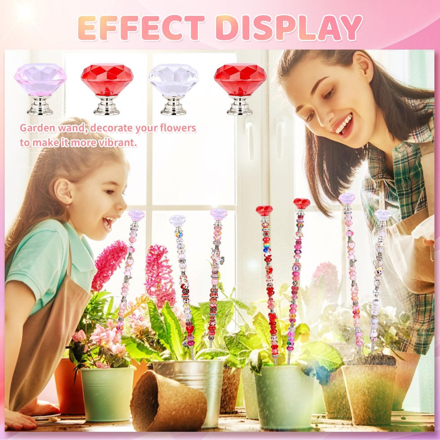 DIY Fairy Wand Garden Beads Stakes Wands Kit,Multiple Color Scheme European Beads Crystal Diamond Tops and 12 or 10 Inch Threaded Rods,Stainless Steel Stakes with Diamond Toppe(Pink+Rose+Red+White)