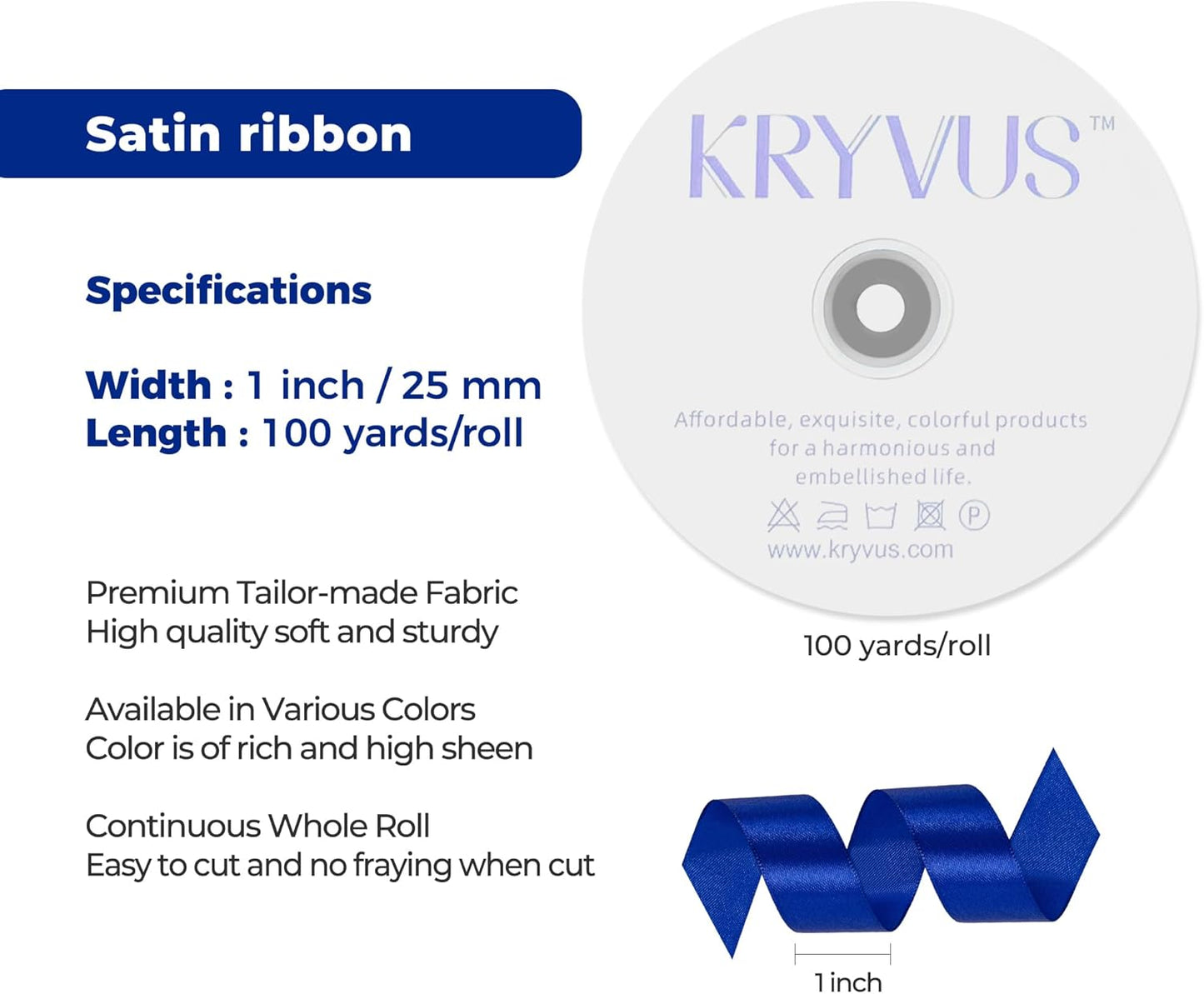 Royal Blue Satin Ribbon 1 inch X Continuous 100 Yards, Single Face Polyester Ribbon Perfect for Gift Wrapping, Flower Bouquet, Wedding Decor, Crafts, Bow Making, Sewing and More