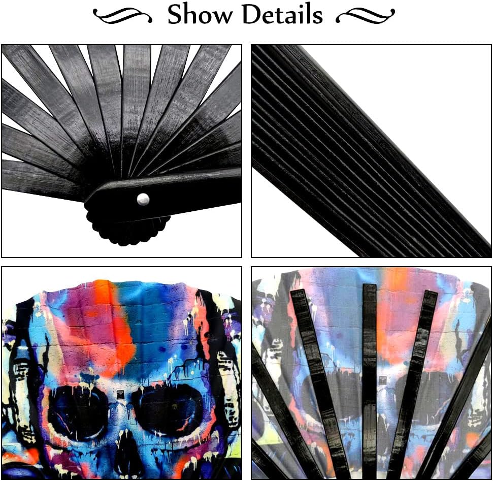 2 Pack Large Folding Rave Fan for Women/Men Holographic Festival Bamboo Clack Hand Fan Decorative Accessories for EDM, Music Festival, Event, Party, Dance, Performance,Halloween (Style-2)