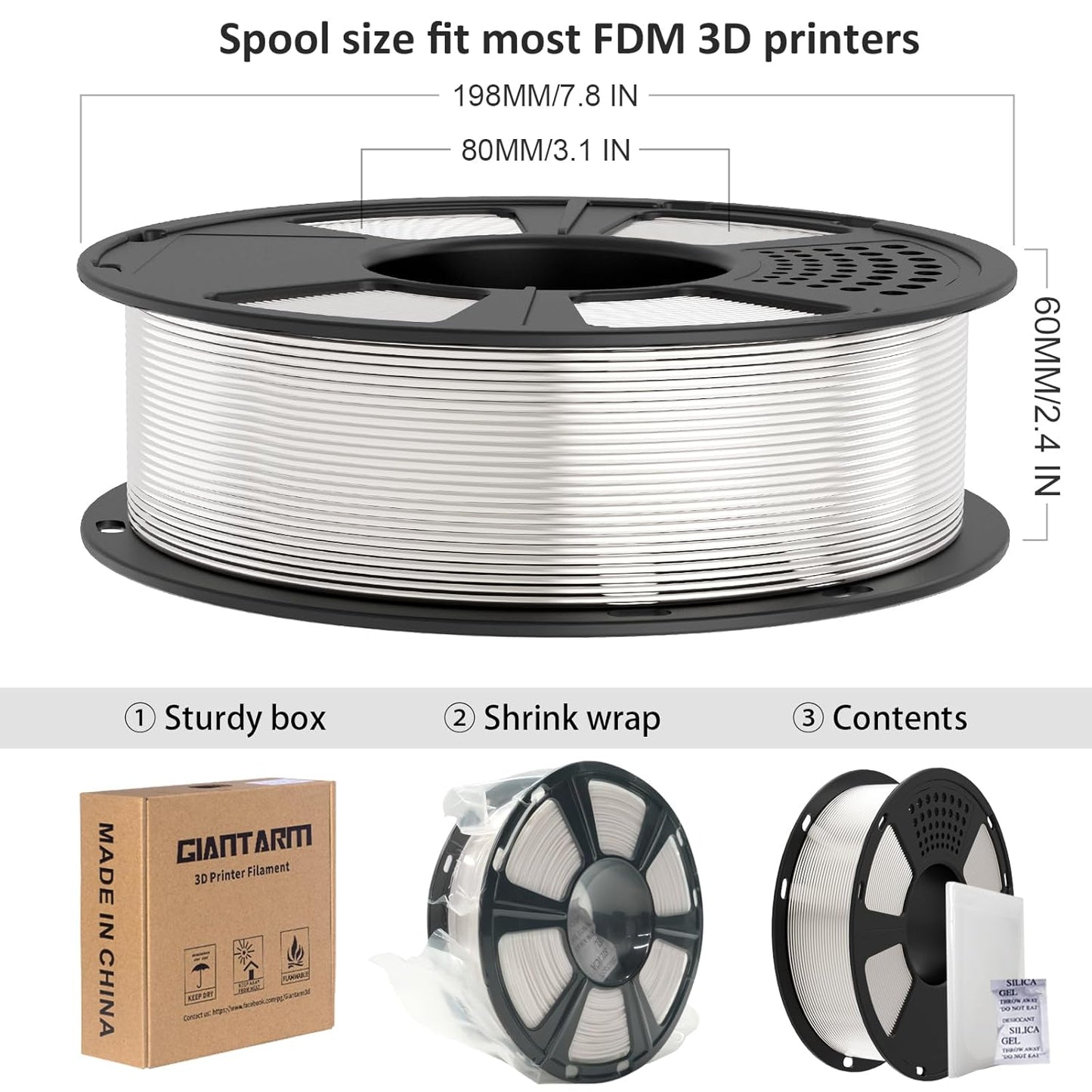 GIANTARM 3D Printer Filament, Silk White Pla Filament, 1Kg(2.2lbs) Spool, 1.75mm Dimension Accuracy +/- 0.03mm, 3D Printing Filament