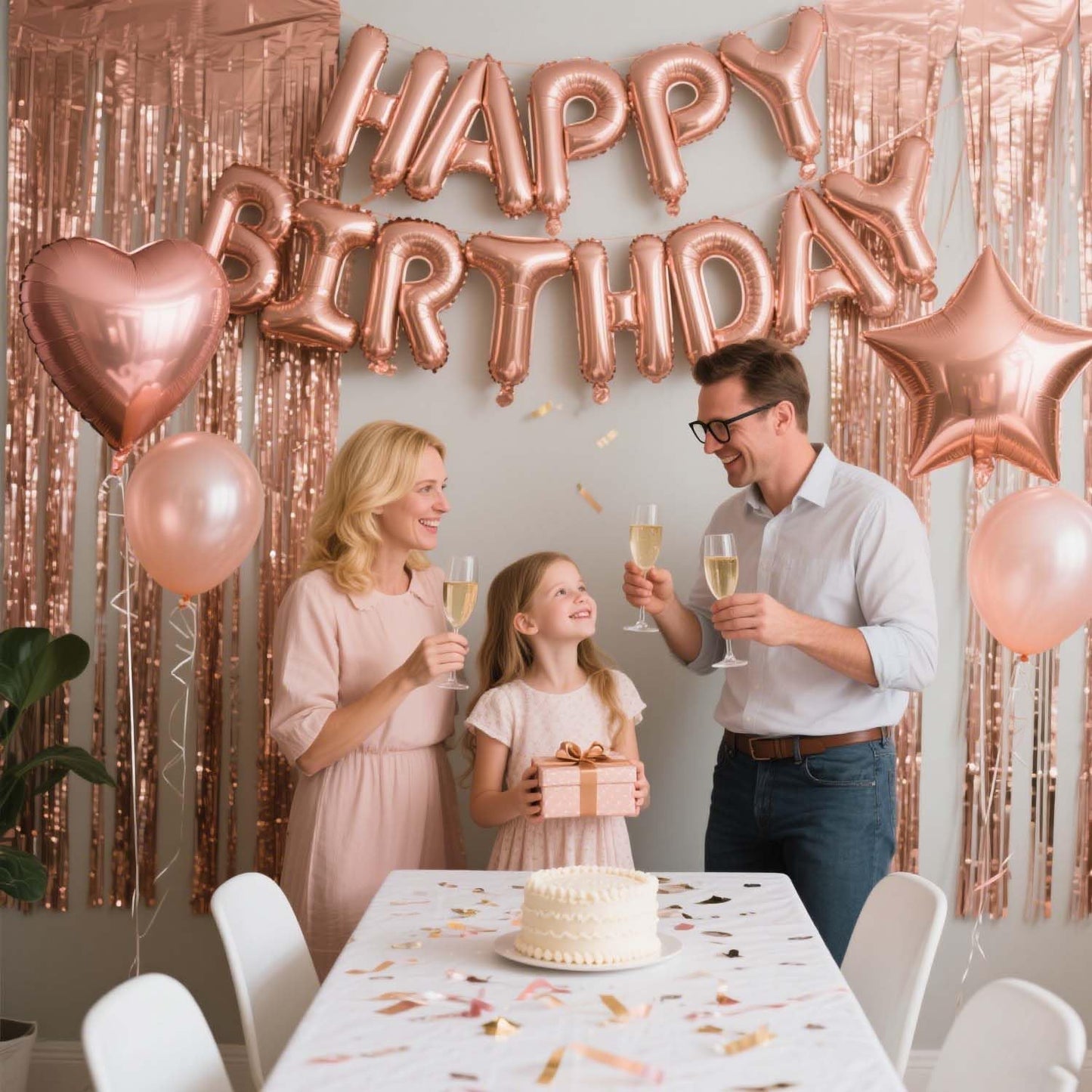 29 Pcs Rose Gold Birthday Party Decorations - Happy Birthday Balloons Banner, Heart & Star Foil Balloons, Confetti & Latex Balloons, Foil Fringe Curtains Party Supplies for Women, Girls