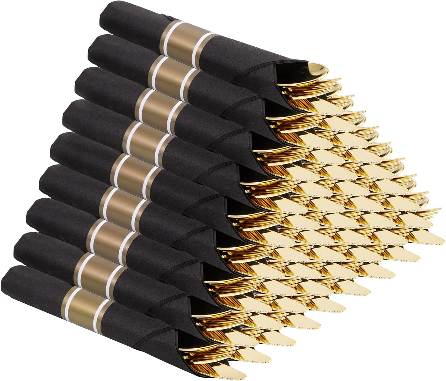 Supernal 60 Pack Gold Silverware, Rolled, Pre Wrapped with Black Napkins, Heavy Duty Plastic Cutlery, Forks and Spoons