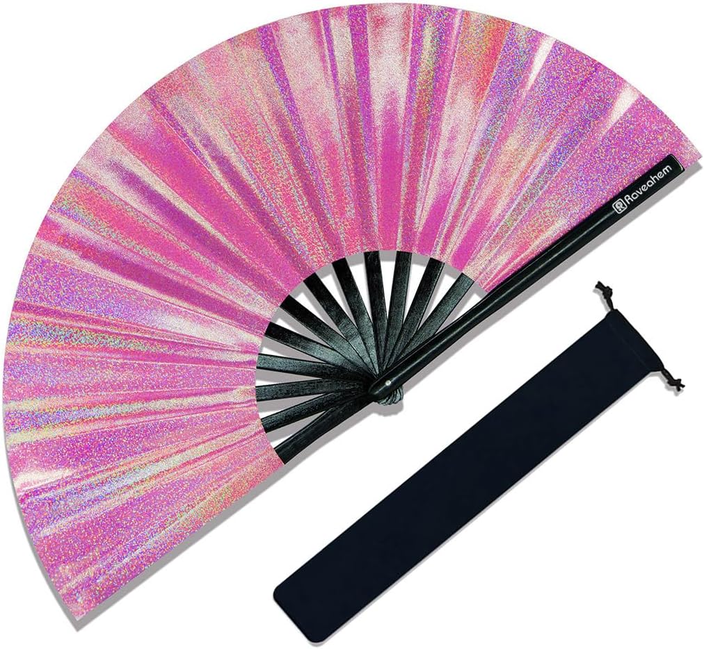 Large Rave Fan, Clack Folding Hand Fan with Premium Fabric, Thick Bamboo Frame for Men Women Gift for EDM, Festival, Club, Party, Dance, Decoration (Lridescent Pink, 13")