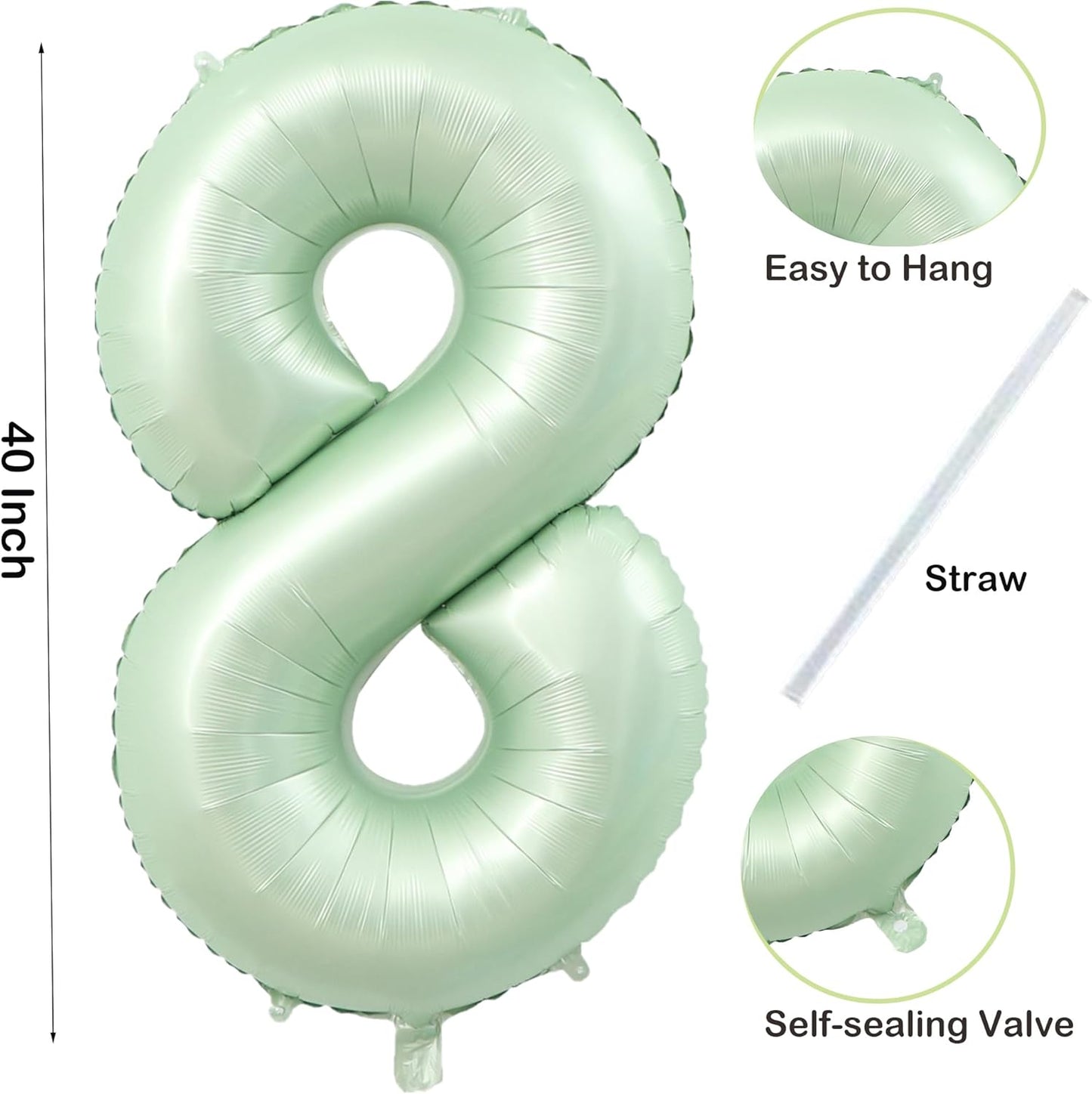 40 Inch Olive Green Number 8 Balloon 40 Inch Big Self Inflating Foil Number Balloons 0-9,Light green Digital 8 Helium Balloon for 8th 18th 28th Girls Birthday Graduation Anniversary Party Decoration