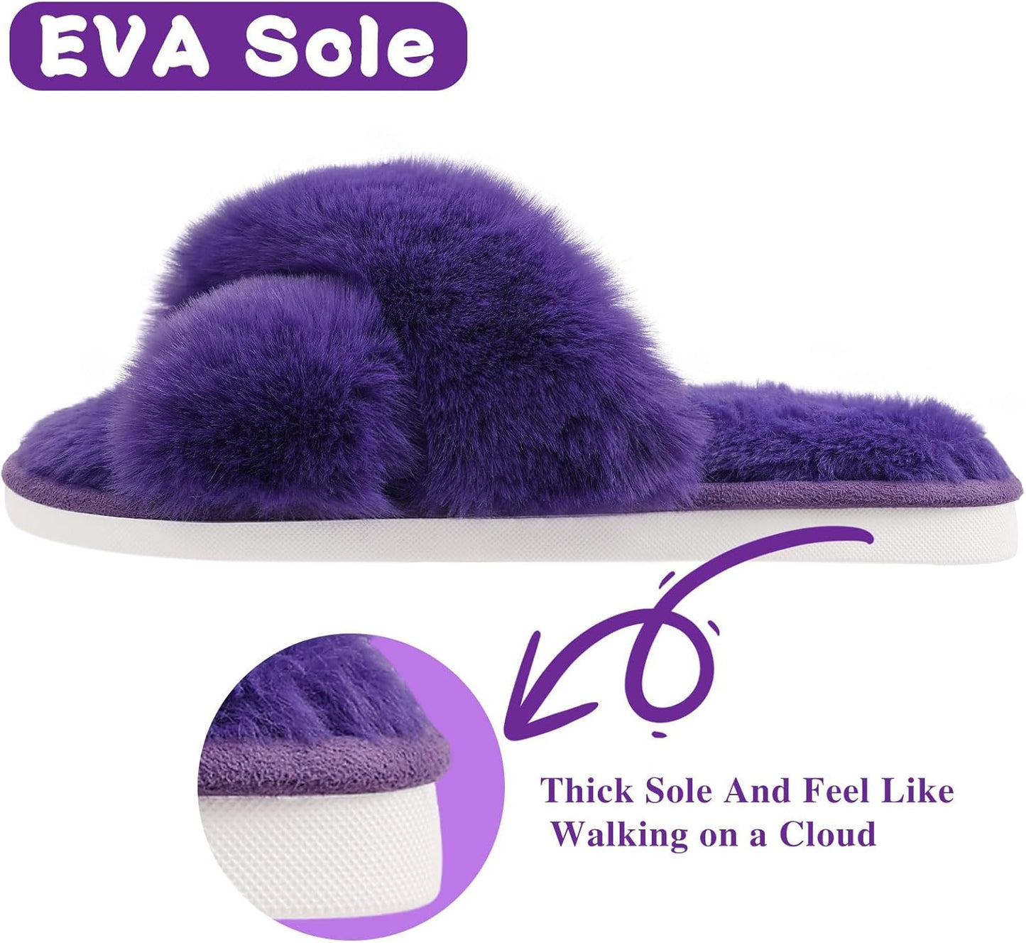 Evshine Women's Fuzzy Slippers Cross Band Memory Foam House Slippers Open Toe