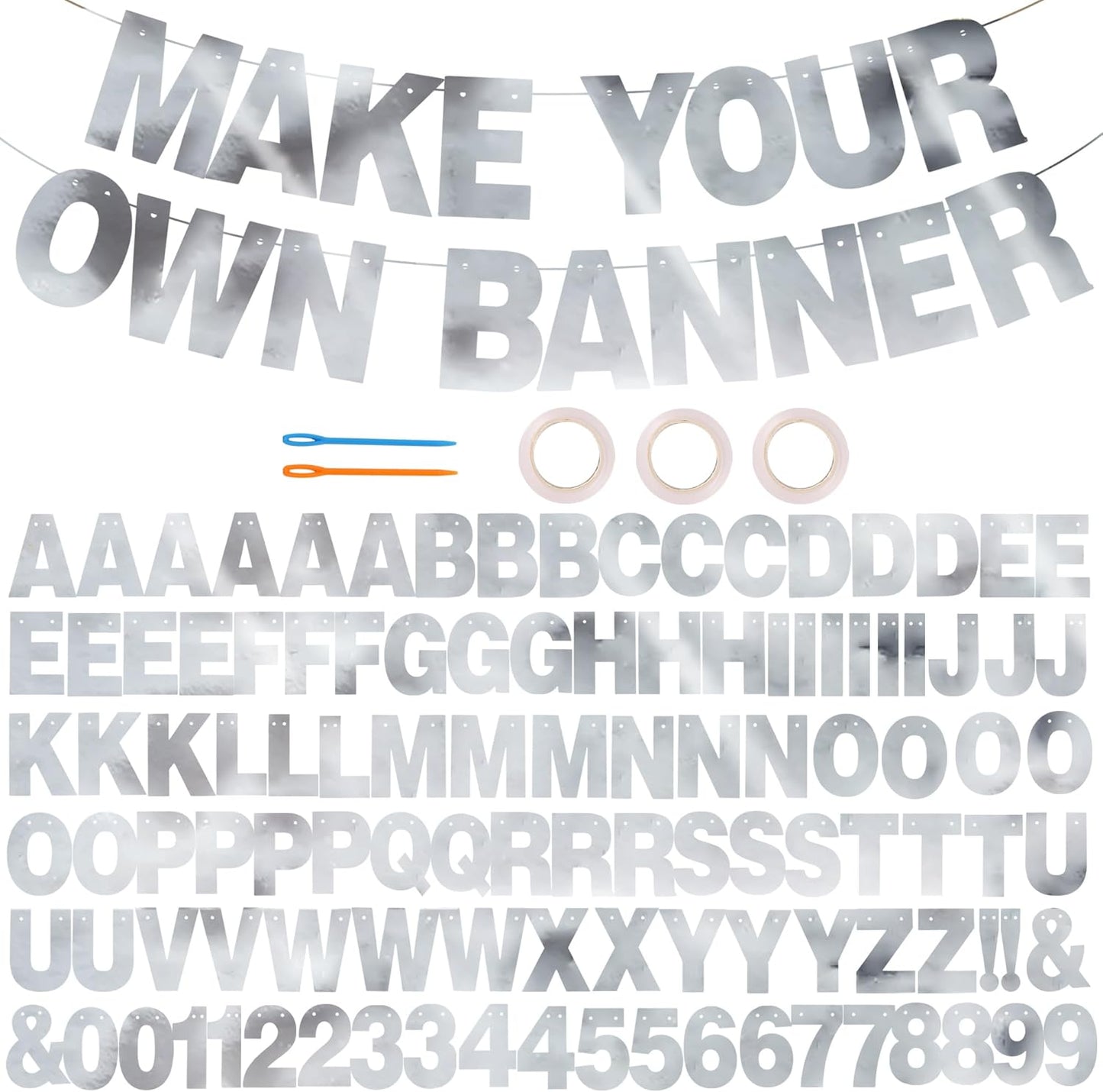 BEISHIDA Double-sided Silver 116 PCS DIY Letter Banner Kit Make Your Own Banner,Including 111 Letters and Numbers 3 Rope and 9 Threading Device,Customized for Birthday Graduation Wedding Decor