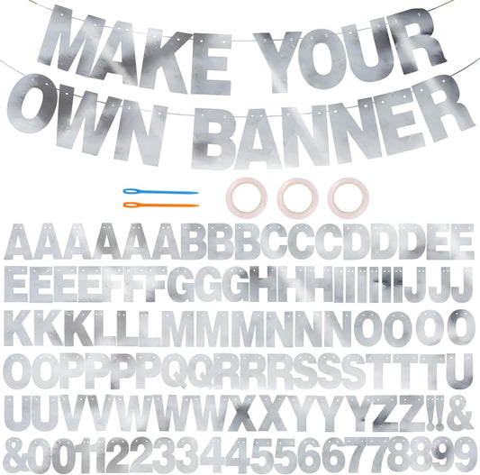 BEISHIDA Double-sided Silver 116 PCS DIY Letter Banner Kit Make Your Own Banner,Including 111 Letters and Numbers 3 Rope and 9 Threading Device,Customized for Birthday Graduation Wedding Decor