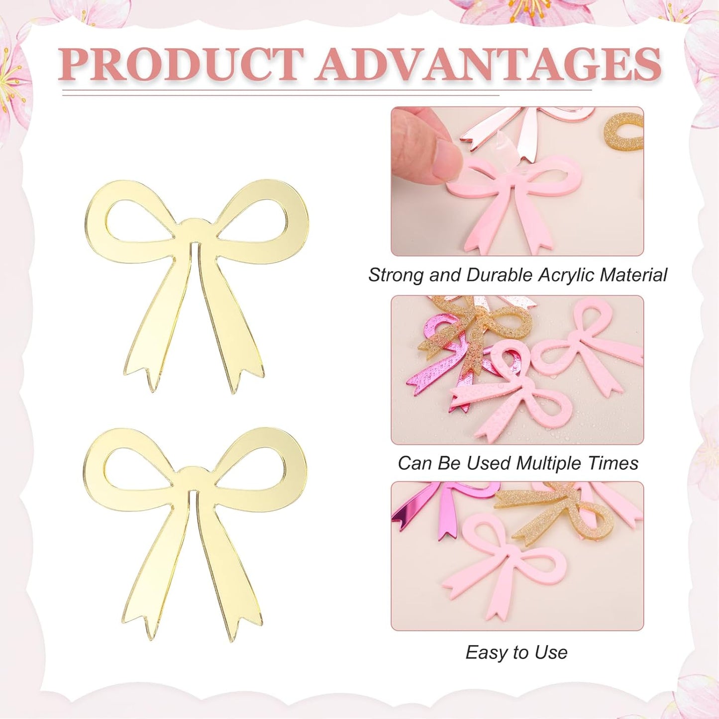 PATIKIL 50 Pcs Bow Drink Tags, Acrylic Wine Glass Charms Reusable Drink Markers for Party Wedding Birthday and Events Accessories, Mirror Gold