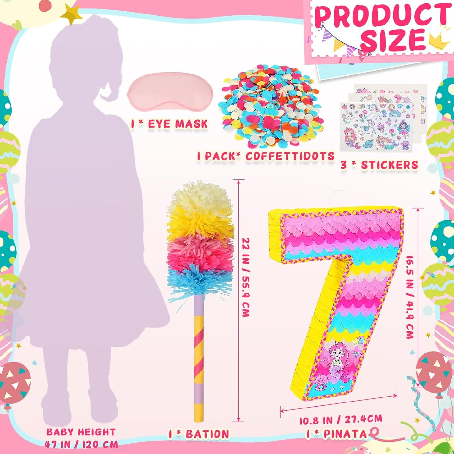 Number 7 Pinata for Birthday Party Decorations, Unicorn Mermaid Theme Pink Piñata Games Toy (7th)