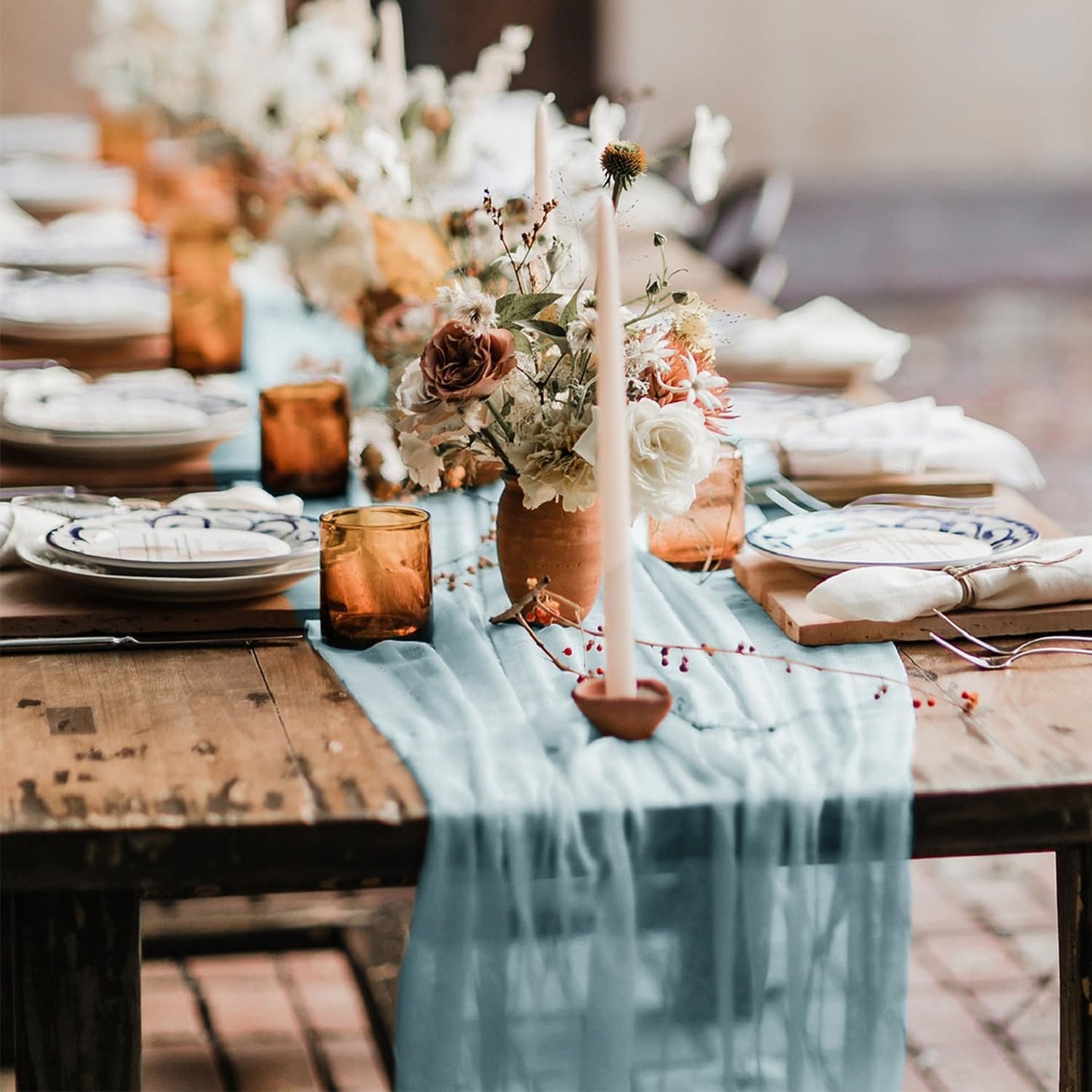 Hahuho Dusty Blue Cheesecloth Table Runner 10ft, Gauze Boho Rustic Table Runners for Wedding Birthday Party Baby Shower Decorations（1 Pack , 35x120 Inches）