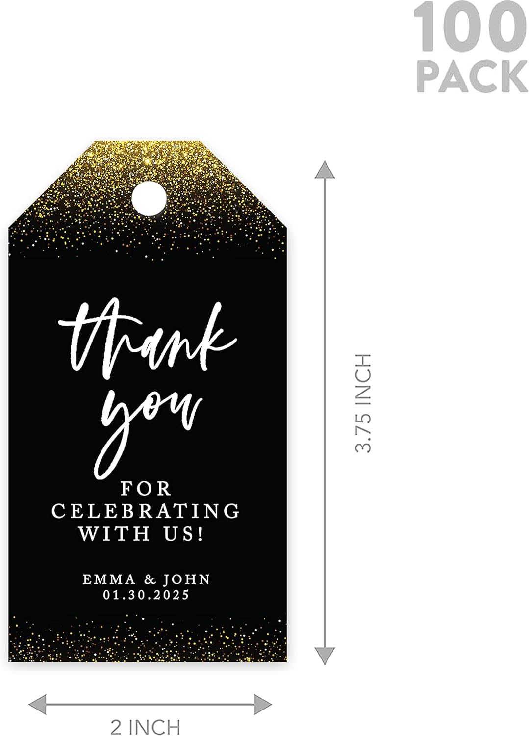 Andaz Press 100-Pack Personalized Thank You for Celebrating with Us Wedding Favor Tags with Bakers Twine Gold Glitter with Black Thank You Tags for Party Favors 2 X 3.75-Inches Custom Thank You Tags