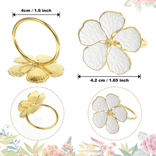 10 Pack White Floral Napkin Rings, 1.6x1.65 inch Elegant Metal Holders Ornament Table Setting Decoration for Wedding, Holiday, Party