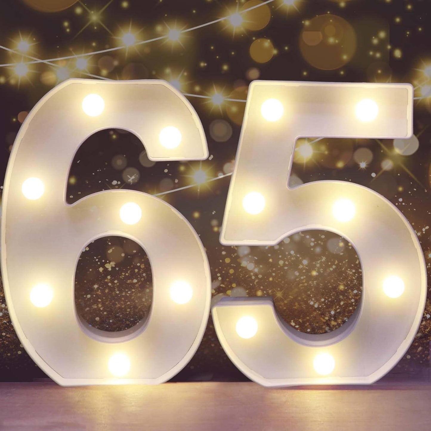 Pooqla Decorative LED Light Up Number Letters, White Plastic Marquee Number Lights Sign for 65th Birthday Party Wedding Decor, Battery Operated (65)