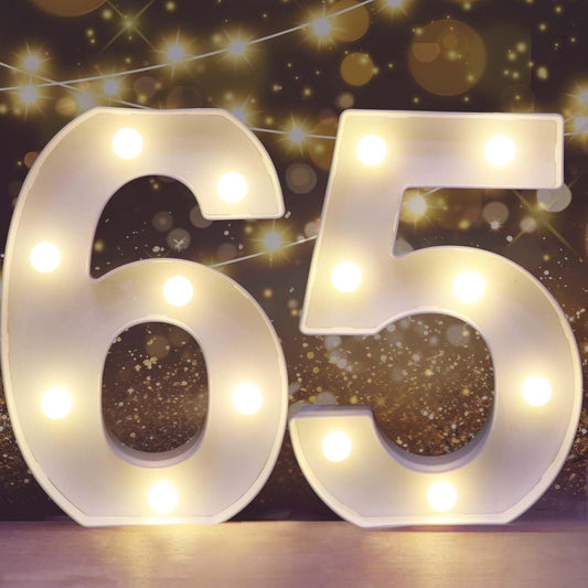 Pooqla Decorative LED Light Up Number Letters, White Plastic Marquee Number Lights Sign for 65th Birthday Party Wedding Decor, Battery Operated (65)