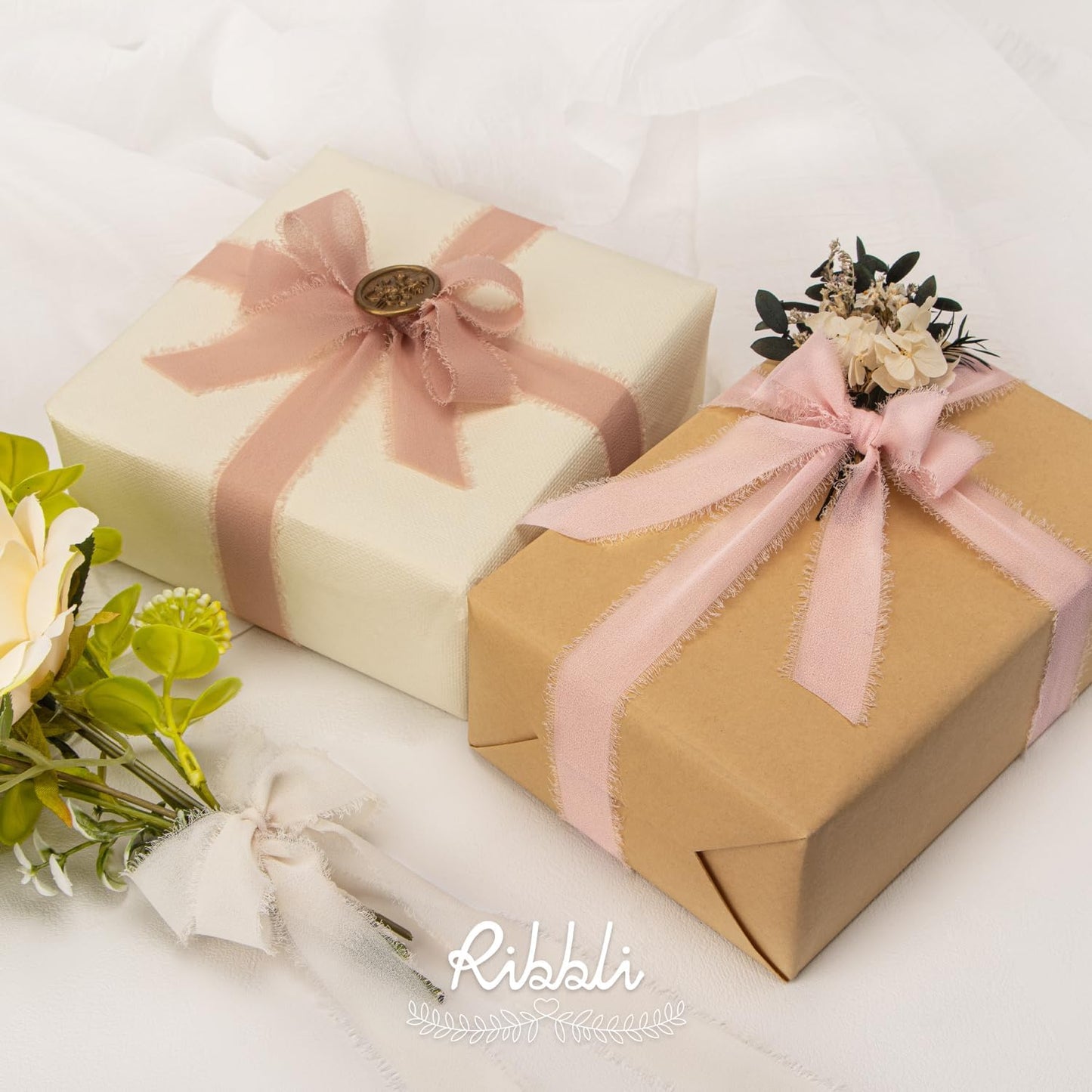 Ribbli Pink Ribbon 1 Inch x 3 Rolls Total 24 Yards Cream/Blush Pink/Rose Gold Handmade Fringe Chiffon Silk Ribbon for Wrapping Wedding Invitations Bridal Bouquets DIY Crafts Home Decor