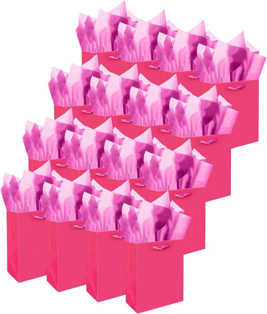 Gcardist Bright Pink Gift Bags with Tissue Paper for Wedding, Birthday, Party Supplies-7.9"x4.3"x9.6" Medium Size Cardboard Gift Bags（16pcs Bags +32pcs Tissue Paper ）