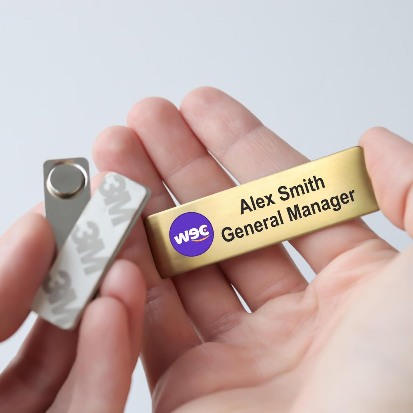 Personalized Name Tag Badges Identification Customized with Text & Logos, Acrylic Name ID for Clothing with Pin or Magnetic Backing, Gold & Silver Plates for Business or Employees