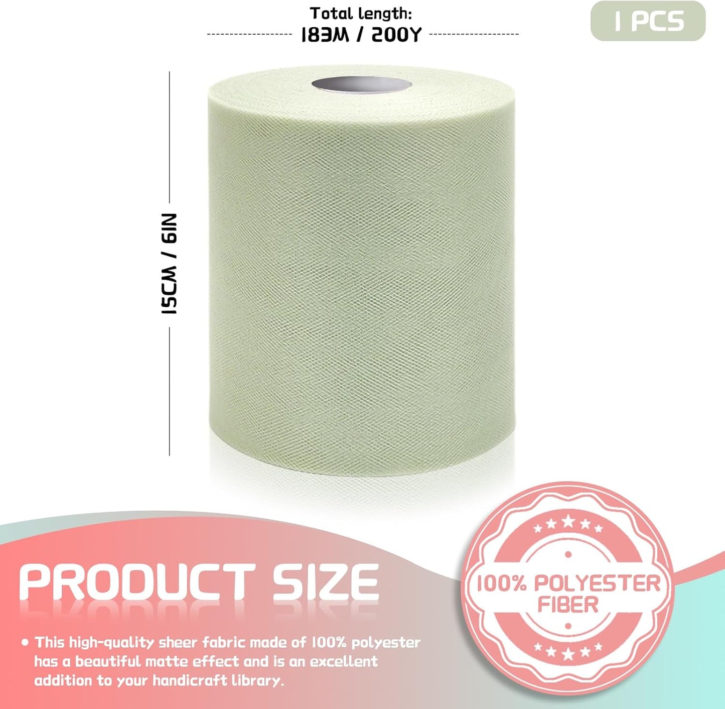 6" x 200 Yards Sage Green Tulle Fabric Rolls, Green Spool Tulle Ribbon for DIY Tutu Skirt Wedding Decoration Baby Shower Birthday Party Backdrop Gift Wrapping Bow Craft Supplies